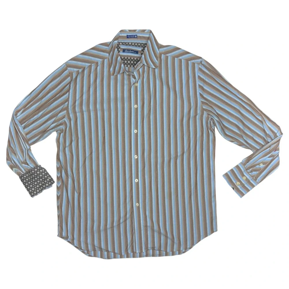 Robert Graham Men's XL Flip Cuff Blue Brown Striped‎ Long Sleeve Button Up Shirt